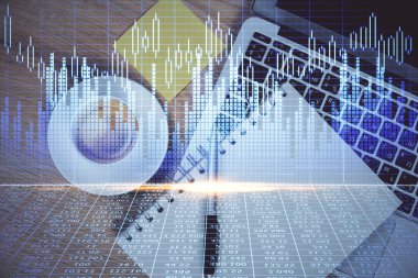 Bilgisayarla ön plan arkaplanını çizerken çift pozlama. Finansal araştırma ve analiz kavramı. Üst görünüm.