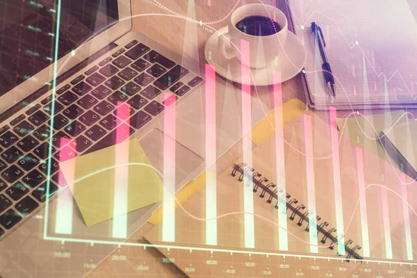 Multi exposure of forex graph drawing and desktop with coffee and items on table background. Concept of financial market trading — Stock Photo, Image