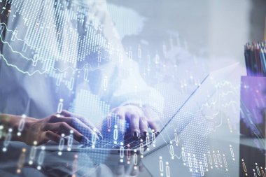 Bilgisayarda ve ön x grafik hologram çiziminde kadın eli yazarken çift pozlama. Borsa yatırım kavramı.