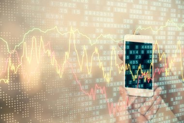 Ön x grafik çizimine çift pozlama hologram ve cep telefonu kullanan bir kadın. Borsa konsepti.