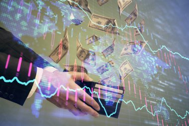 Finansal grafiğe çoklu pozlama hologram, Amerikan dolarları ve insan eli. Analiz kavramı.
