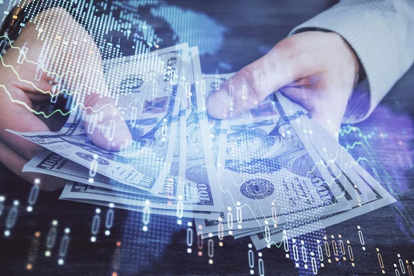 Multi exponering av finansiella diagram rita hologram och USA dollar räkningar och manshänder. Analyskoncept. — Stockfoto