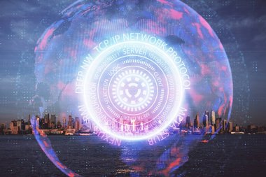 Teknoloji temalı hologramın ve şehrin arka planının iki katına çıkarılması. Yüksek Teknoloji kavramı.