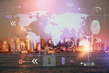 Şehir görünümünde harita ve veri temalı hologram ile gökdelenler arka planda çift pozlama. İş kavramında uluslararası teknoloji.