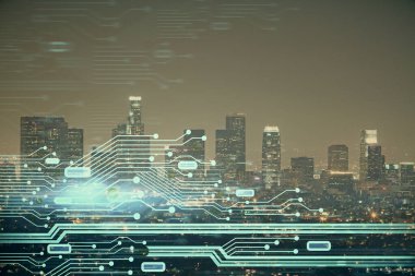 Veri temalı hologram gökdelenlerin arka planında çift pozlama ile şehir görünümüne çizim yapıyor. Ai kavramı.