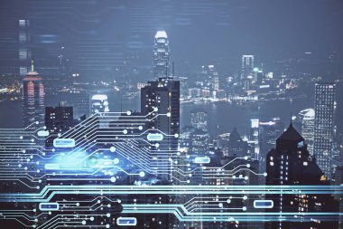 Veri temalı hologram gökdelenlerin arka planında çift pozlama ile şehir görünümüne çizim yapıyor. Ai kavramı.