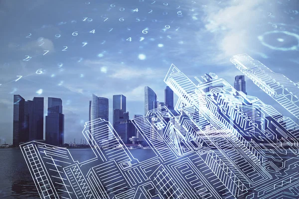 Doppelte Belichtung von Gebäuden Hologramm über Stadtbild Hintergrund. Konzept der Smart City. — Stockfoto
