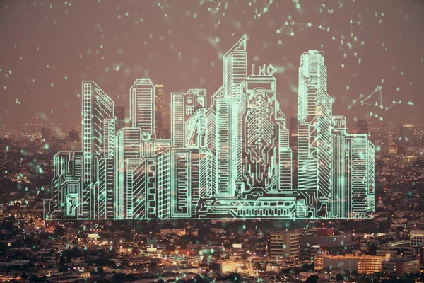Double exposure of buildings hologram over cityscape background. Concept of smart city. — Stock Photo, Image