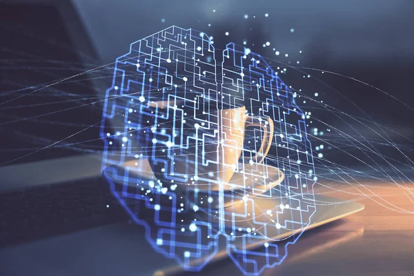 Dupla expozíció a munkahelyen a számítógép és az emberi agy rajz hologram. Brainstorm koncepció. — Stock Fotó