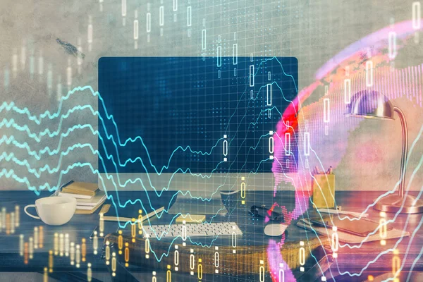 Double exposure of chart and financial info and work space with computer background. Concept of international online trading. — Stock Photo, Image