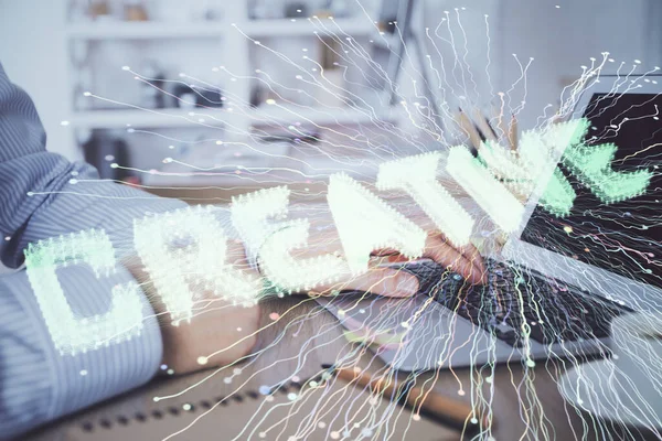 Start-up-Zeichnungen mit Geschäftsleuten, die am Computer im Hintergrund arbeiten. Teamwork-Konzept Doppelbelastung. — Stockfoto