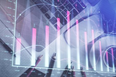 Bilgisayarla arka plan üzerine iki kat mali şema çizimi. Araştırma ve analiz kavramı. Üst görünüm.