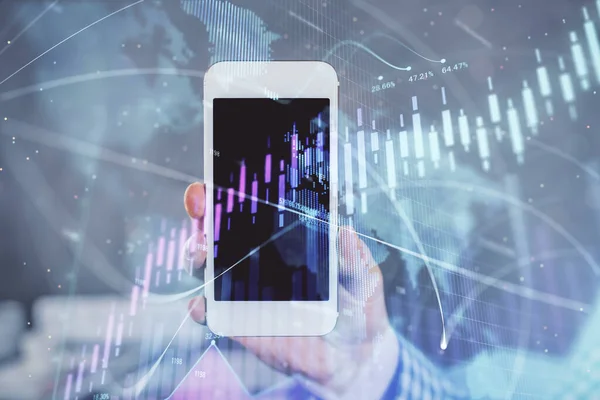 Double exposure of mans hands holding and using a digital device and forex graph drawing. Financial market concept. — Stock Photo, Image