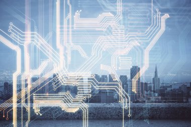 Teknoloji temalı hologramın ve şehrin arka planının iki katına çıkarılması. Yüksek Teknoloji kavramı.