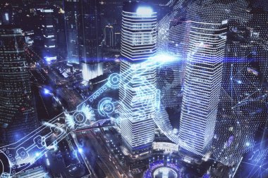 Teknoloji temalı hologramın ve şehrin arka planının iki katına çıkarılması. Yüksek Teknoloji kavramı.