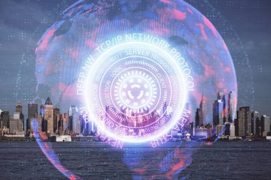 Teknoloji temalı hologramın ve şehrin arka planının iki katına çıkarılması. Yüksek Teknoloji kavramı.