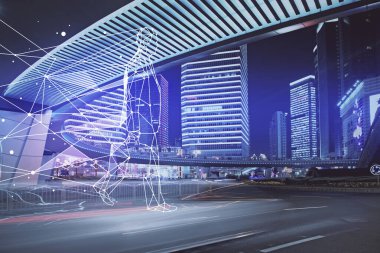 Şehir manzarası arkaplanı üzerinde başlangıç teması çizimlerinin çifte pozlandırılması. Başarı kavramı.