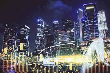 Veri temalı hologram gökdelenler arka planda çoklu pozlama ile şehir görünümüne çizim yapıyor. Ai kavramı.