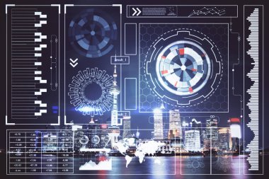 Veri temalı hologram gökdelenler arka planda çoklu pozlama ile şehir görünümüne çizim yapıyor. Ai kavramı.