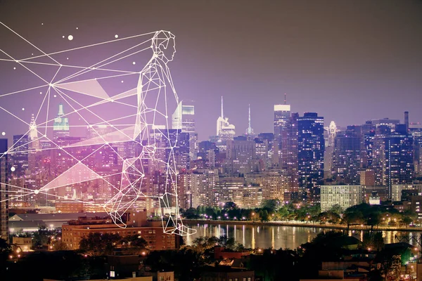 Şehir manzarası arkaplanı üzerinde başlangıç teması çizimlerinin çifte pozlandırılması. Başarı kavramı.