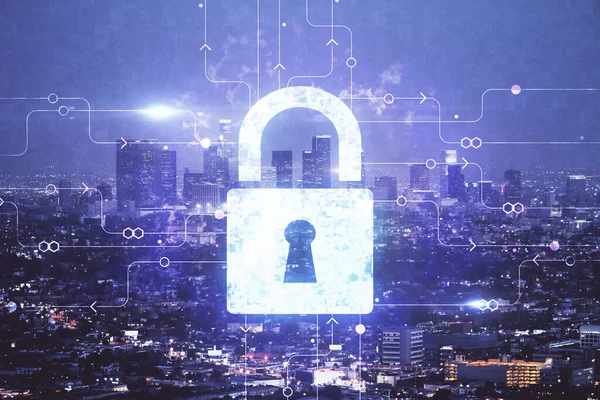 Lås ikonen hologram på stadsbilden med skyskrapor bakgrund multi exponering. Dataskyddskoncept. — Stockfoto