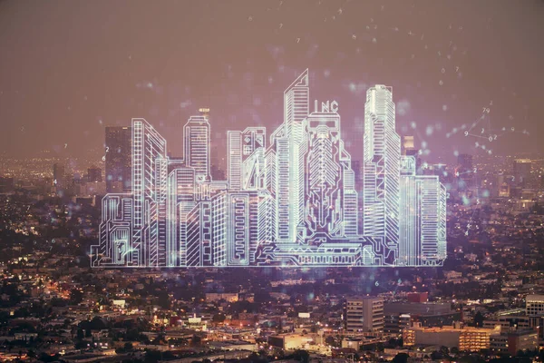 Dubbel exponering av byggnader hologram över stadsbilden bakgrund. Begreppet smart stad. — Stockfoto