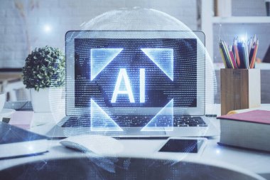 Kişisel bilgisayar ve teknik tema çizimi ile masaüstü çok açıkta. Büyük Veri Kavramı.