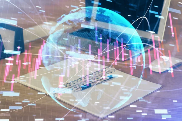 Multi exposure of chart and financial info and work space with computer background. Concept of international online trading. — Stock Photo, Image