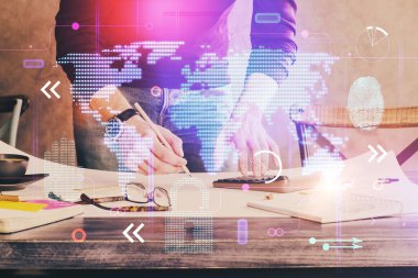 Çifte pozlama uluslararası bağlantı konsepti simgelerine sahip bir adam.