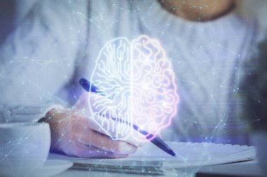 Arka planda beyin hologramıyla el yazısına çok maruz kalmış. Öğrenme kavramı.