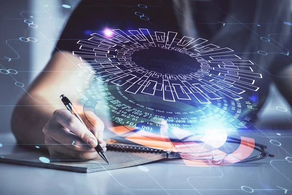 Multi exposure of womans writing hand on background with data technology hud. Concept of innovation. — Stock Photo, Image