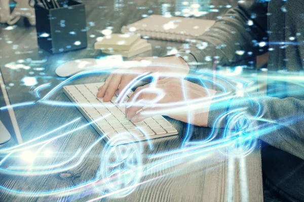 Automobil-Thema Zeichnung mit Geschäftsmann arbeiten am Computer auf Hintergrund. Autopilot-Taxikonzept. Mehrfachbelichtung. — Stockfoto