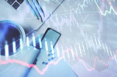 Bilgisayarla masaüstü arkaplanı üzerinde ön x grafik çizimi çift pozlama. Finansal analiz kavramı. Üst görünüm.
