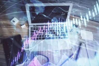 Bilgisayarla arka plan üzerine iki kat mali şema çizimi. Araştırma ve analiz kavramı. Üst görünüm.