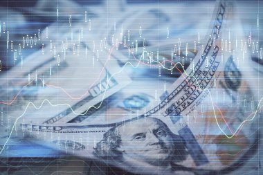 Önx grafiğinin arka plandaki dolarları iki katına çıkarması. Finans piyasası kavramı.
