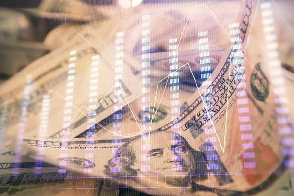 Double exposure of forex graph drawing over us dollars bill background. Concept of financial markets. — Stock Photo, Image