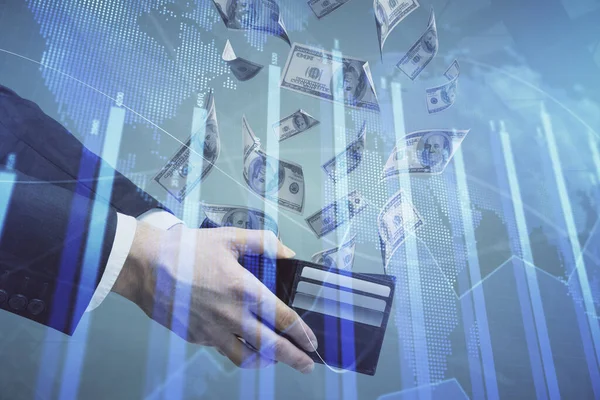 Multi expozíció pénzügyi grafikon rajz hologram és amerikai dollár számlák és férfi kezét. Elemzés. — Stock Fotó