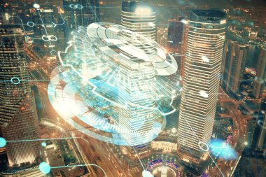 Veri temalı hologram gökdelenler arka planda çoklu pozlama ile şehir görünümüne çizim yapıyor. Ai kavramı.
