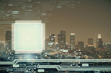 Veri temalı hologram gökdelenlerin arka planında çift pozlama ile şehir görünümüne çizim yapıyor. Ai kavramı.