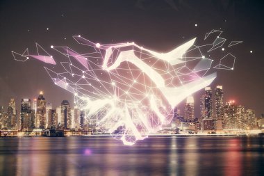 Şehir manzarası arka planında el sıkışma hologramına çifte maruz kalma. Ortaklık kavramı.