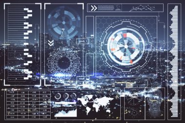 Veri temalı hologram gökdelenler arka planda çoklu pozlama ile şehir görünümüne çizim yapıyor. Ai kavramı.