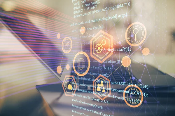 Doble exposición de la tabla con el ordenador en el fondo y el holograma tema de datos. Concepto de tecnología informática. — Foto de Stock