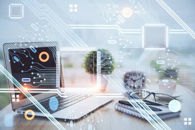 Arka planda bilgisayar ve teknik tema çizimi olan iki kat masaüstü görüntüsü. Büyük veri kavramı.