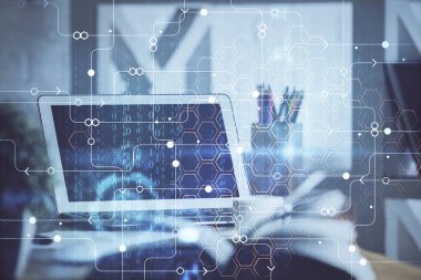 Arka planda kişisel bilgisayarı ve teknik tema çizimi olan iki kat masaüstü görüntüsü. Veri analizi kavramı.