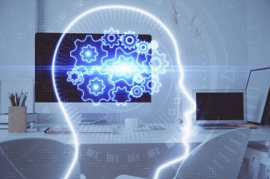 Bilgisayar ve insan beyninin hologram çizdiği çalışma alanının iki katına çıkarılması. Beyin fırtınası konsepti.