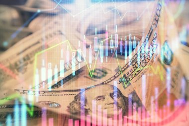 Önx grafiğinin arka plandaki dolarları iki katına çıkarması. Finans piyasası kavramı.