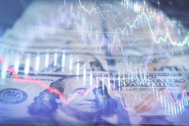 Önx grafiğinin arka plandaki dolarları iki katına çıkarması. Finans piyasası kavramı.