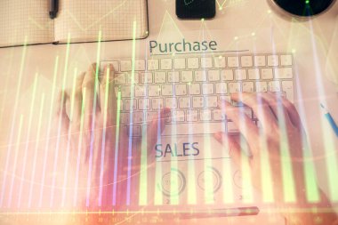 Dizüstü bilgisayar klavyesini ve ön x çizim hologramını yazarken çift pozlama. Üst Manzara. Finans piyasası kavramı.