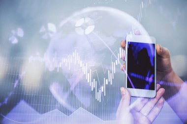 Ön x grafik çizimine çift pozlama hologram ve cep telefonu kullanan bir kadın. Borsa konsepti.