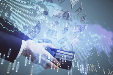 Finansal grafiğe çoklu pozlama hologram, Amerikan dolarları ve insan eli. Analiz kavramı.